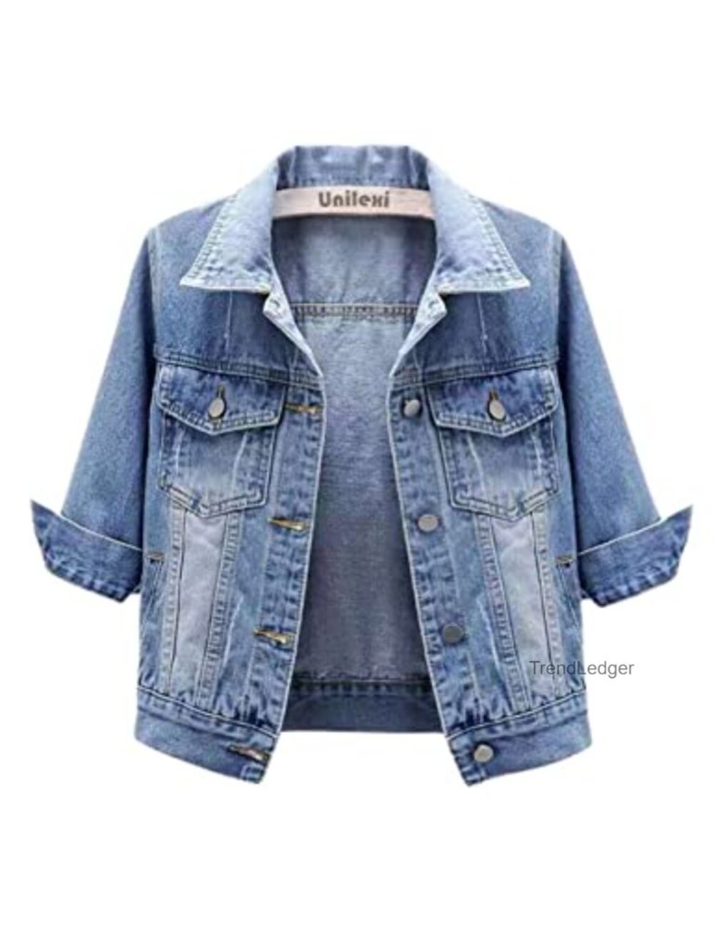 Unilexi Women's Cropped Denim Jacket 3/4 Sleeve Button Trucker Jean Coat